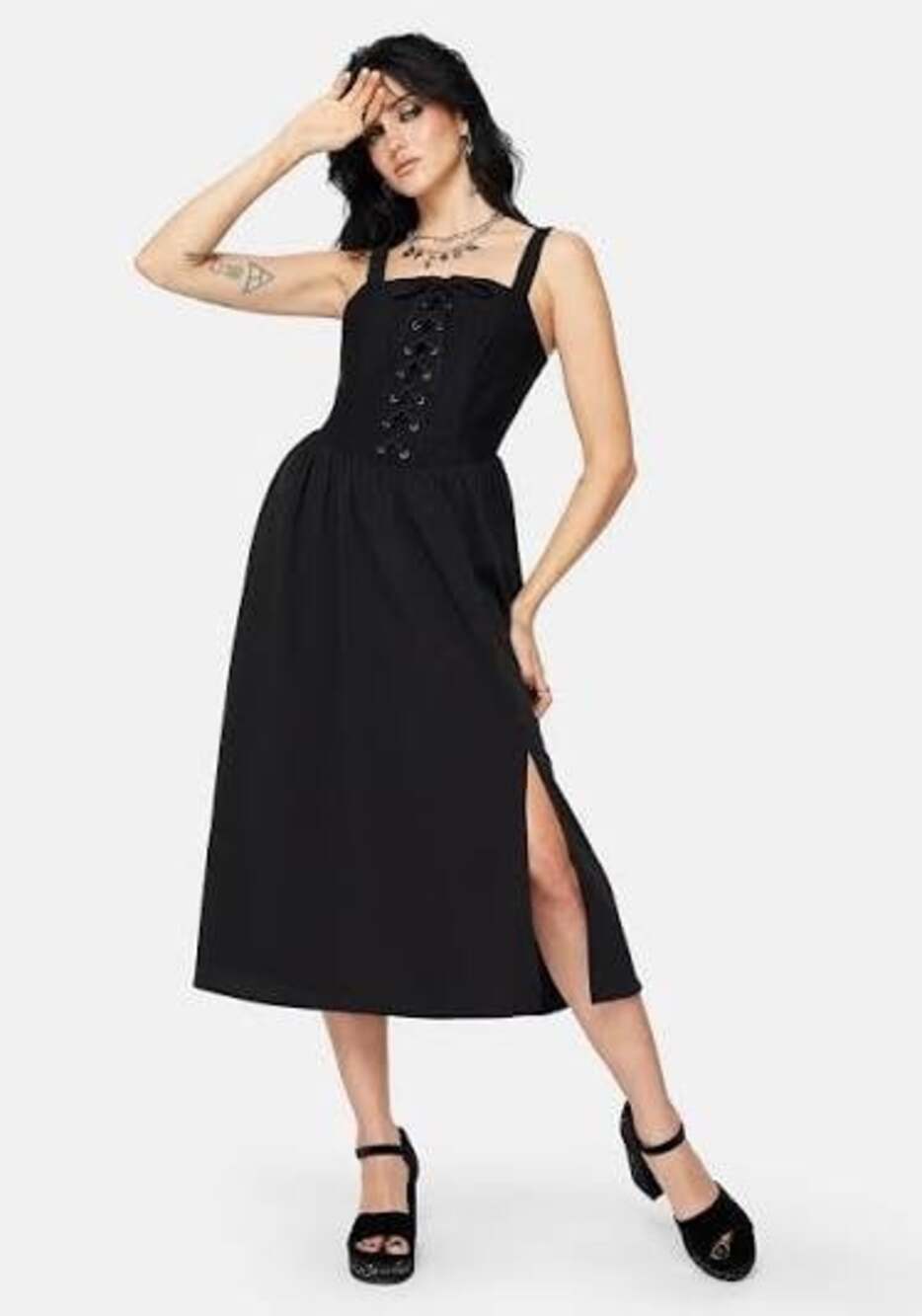 Disturbia Women 16 Miranda Midi Corset Dress Black Slit Sleeveless Boning Goth